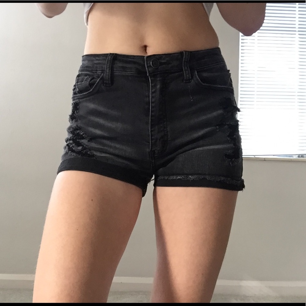 Black distressed stretch shorts